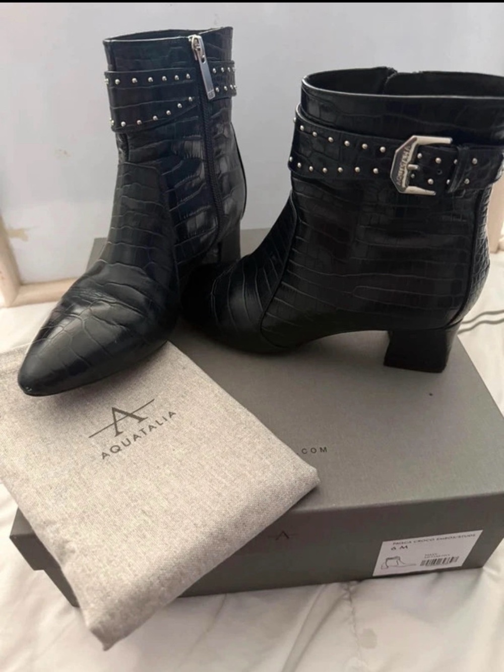 Aquatalia Black Croc-Embossed Leather Studded Ankle Boots